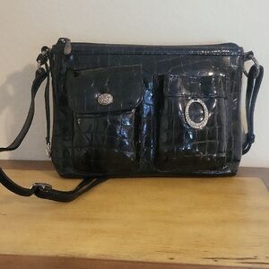 Women's Brighton Black Croc Embossed Patent Leather crossbody Handbag